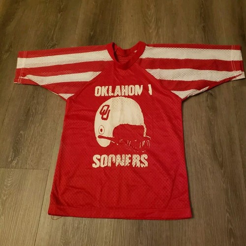 VTG 70s OKLAHOMA SOONERS Red Nylon Mesh Sports Jersey Shirt BOYS Sz M? FLAWS