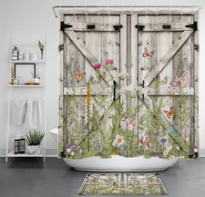 Vintage Plant Green Leaf Pink Wildflower Shower Curtain Bathroom Accessories Set