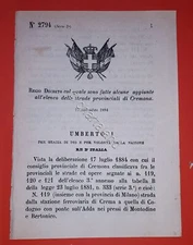 Decree Kingdom of Italy Added to the list of provincial roads Cremona 1884
