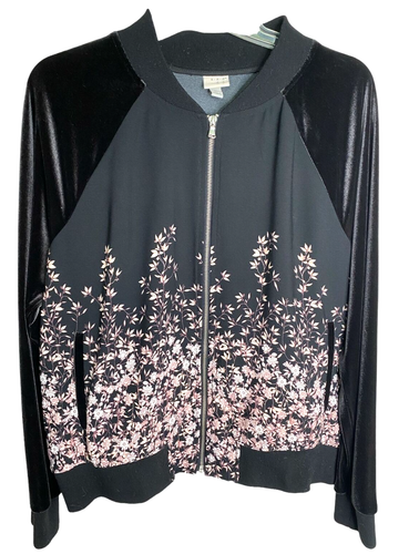 A New Day Black Full Zip Mixed Media Stretch Velvet Floral Bomber Jacket Size XL eBay