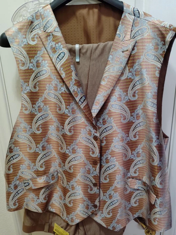 Falcone Hombre Traje 4 Piezas Caqui Claro Corbata Chaleco Plisado Pantalón Talla 60L W56 Foto 2 de 4