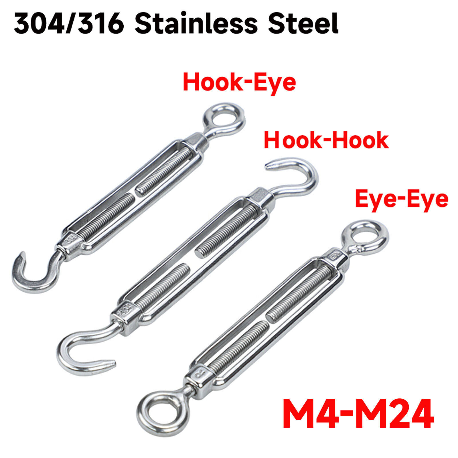 Turnbuckle Wire Tensioner Strainer Hook/Eye Rope Cable Tension Stainless Steel