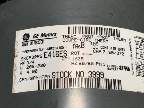 General Electric 3/4HP Blower Mototr - 5KCP39PGE416ES w/Warranty - Bild 2 von 2