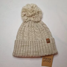 Frye and Co Beanie Womens Beige Steel Cut Oats Cable Knit Pom Cuff Hat Toque
