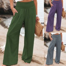 Women Wide Leg Trousers Long Pants Ladies Elasticated Waist Bottoms Polyester