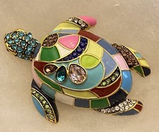 Beautiful Retro Gold Tone Colorful Rhinestone Enamel Sea Turtle Brooch
