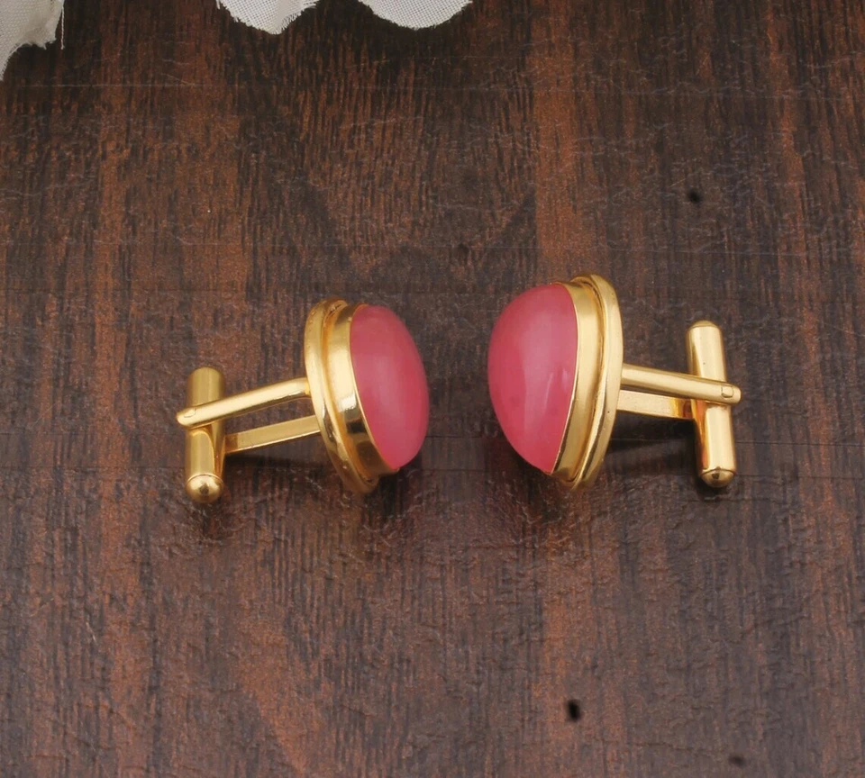 天然粉红色玉宝石 925 纯银袖扣男式特别礼物 — 第 2/4 张图片