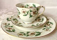 LOVELY CROWN STAFFORDSHIRE PEAR BLOSSOM TRIO: CUP, SAUCER, PLATE, EXCLNT COND