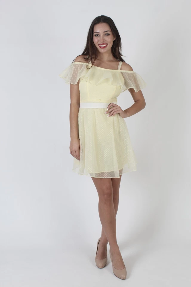 Vtg Swiss Polka Dot Off The Shoulder Short Summer Boho Sundress MiniTank  Dress - Imagem 3 de 4