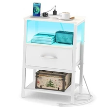  Night Stand with Charging Station, LED Nightstand for Bedroom, Bedside White
