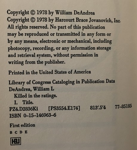 Killed In the Ratings - By William L. DeAndrea - 1978 First Edition Hardcover - Picture 6 of 6
