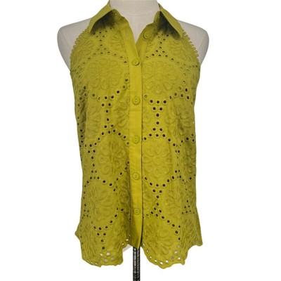 NWT RYEGRASS Women's Size 8 M Chartreuse Green Collared Top Eyelet Lace Casual