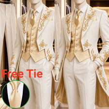 White Men Gold Embroidery Tailcoat Suit Groom Wedding Tuxedo Prom Formal 3 Pcs