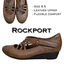 Rockport Cobb Hill Leather Wedge Heels 9.5 Brown Mary Jane Strappy Comfort Shoe