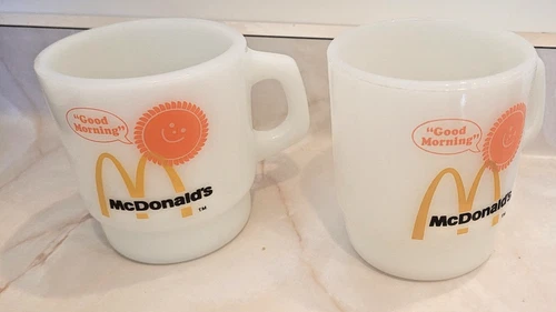 Pair Vintage Fire-King McDonalds Good Morning Mug 3.5" Sunrise 1970s Stacking