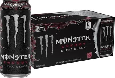 Monster Ultra Black Energy Drink with Vitamins, Zero Sugar, 16 Fl Oz (15 Pack)