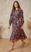 NWT Ulla Johnson Samar in Midnight Floral Belted Cotton Midi Dress 6 $495