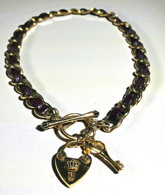 Juicy Couture Gold Tone Chain Necklace Leather Inset Heart Lock Key Toggle