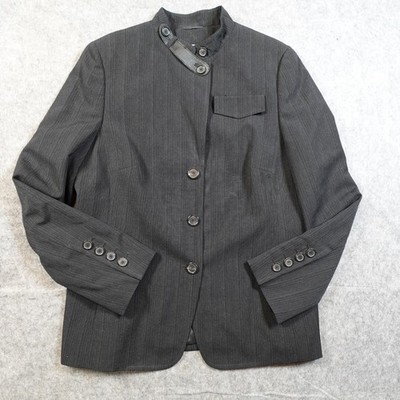 Akris Punto Blazer Womens 14 NWT Wool Pinstripe 3 Button Leather Collar Black