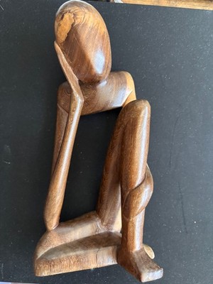 Wooden Abstract Sculpture Thinking Man Figurine Hand Carved Thinker Statue 10x5''
