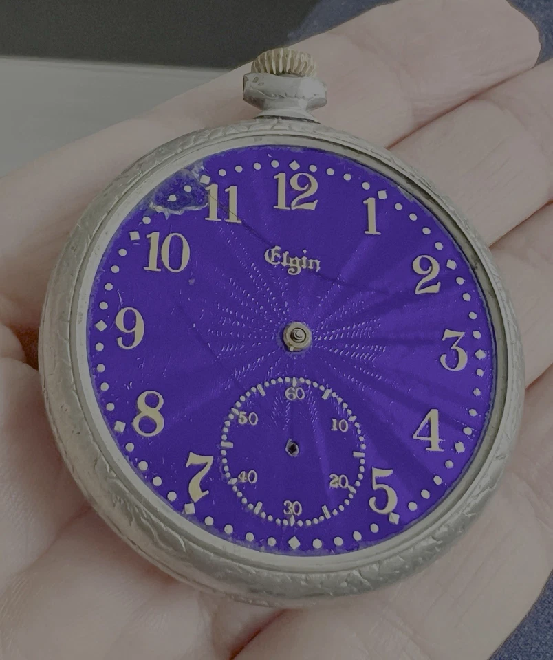 Antiguo Reloj Bolsillo ELGIN 1900 Esmalte Guilloche Azul Cobalto Esterlina Piezas Foto 4 de 4