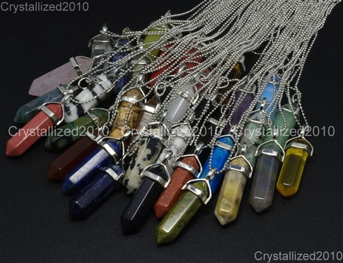 Natural Gemstones Hexagonal Pointed Reiki Chakra Pendant Necklace 18K Silver - Picture 2 of 86
