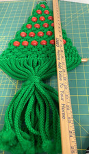 Vtg Macrame Green Christmas Tree Hanging W/Red Beads BOHO