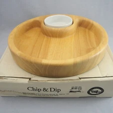 Macy's The Cellar Chip & Dip Bowl Set Wood and Ceramic RW0602 Thailand Vtg 1995