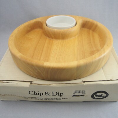 Macy's The Cellar Chip & Dip Bowl Set Wood and Ceramic RW0602 Thailand Vtg 1995