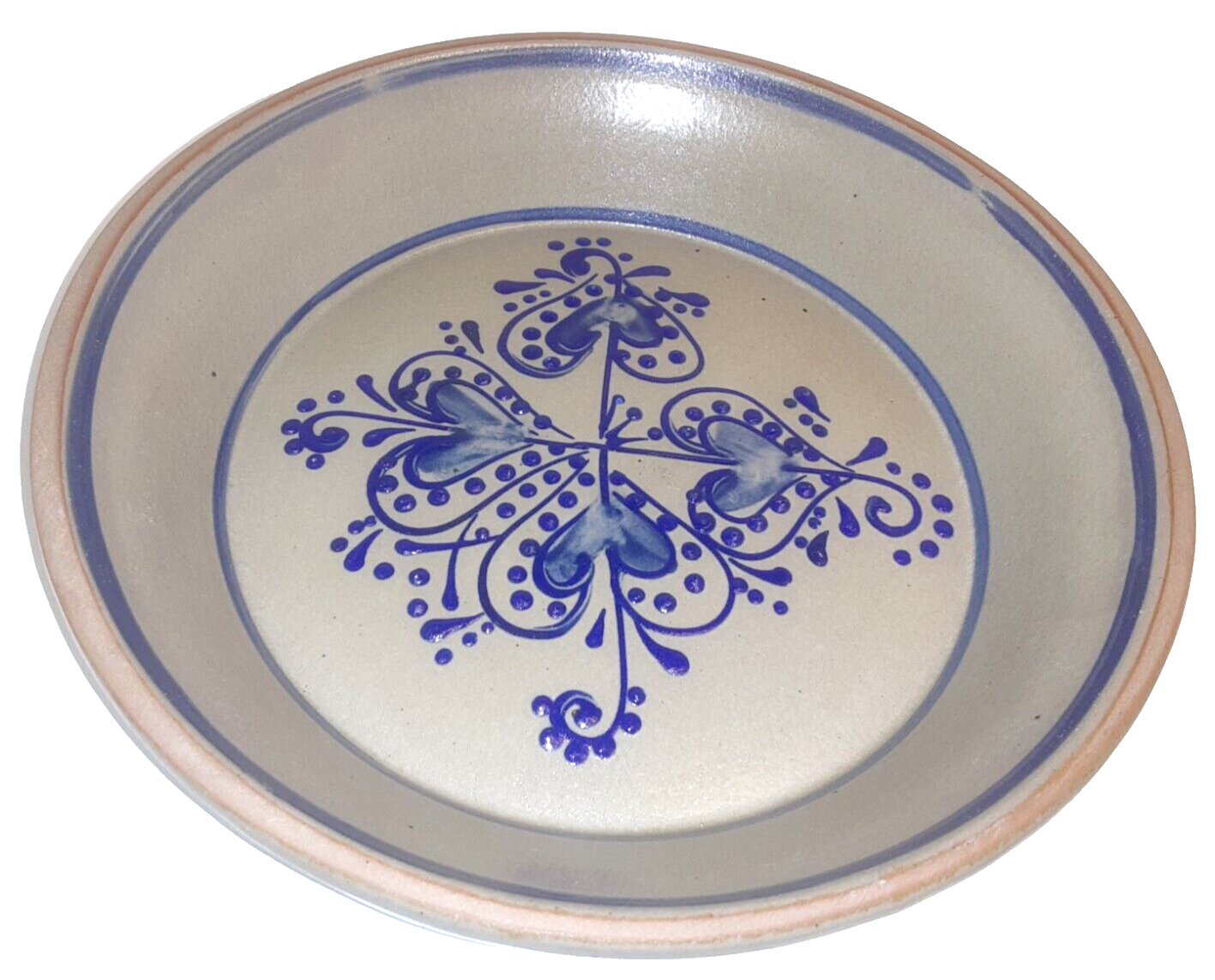 VTG Beaumont Brothers Salt Glaze Pottery 9.5” Blue Hearts Pie Plate