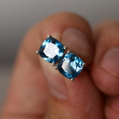 Natural Blue Topaz Cushion Stone 925 Solid Silver Women Designer Stud Earrings