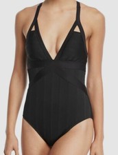 120 Athena Women's Black Stretch V-Neck Stretch Keyhole One-Piece Swimsuit 12