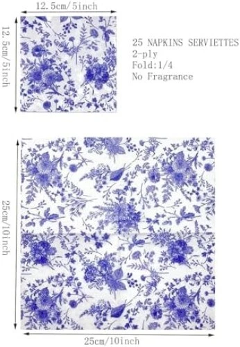 Servilletas de cóctel florales azules de 25 piezas - Servilletas de papel higiénico azules y blancas para Brid Foto 2 de 4