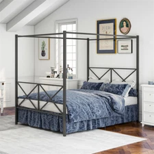 Metal Canopy Bed Frame w/X-Shaped Headboard & Footboard Queen Size Platform Bed 