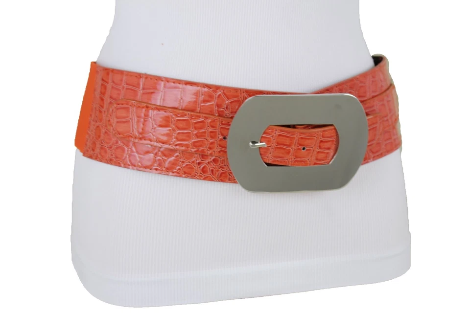 Divertido Cinturón Elástico Ancho Hebilla Cuadrada Metal Plateado para Mujer Cintura Alta Cadera Naranja M L Foto 4 de 4