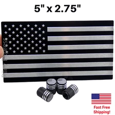 5" x 2.75" ALUMINUM American Flag Sticker Decal Emblem + Tire Valve Caps BUNDLE