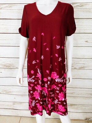 Woman Within Womens Shift Dress Size M Burgundy Floral V-Neck