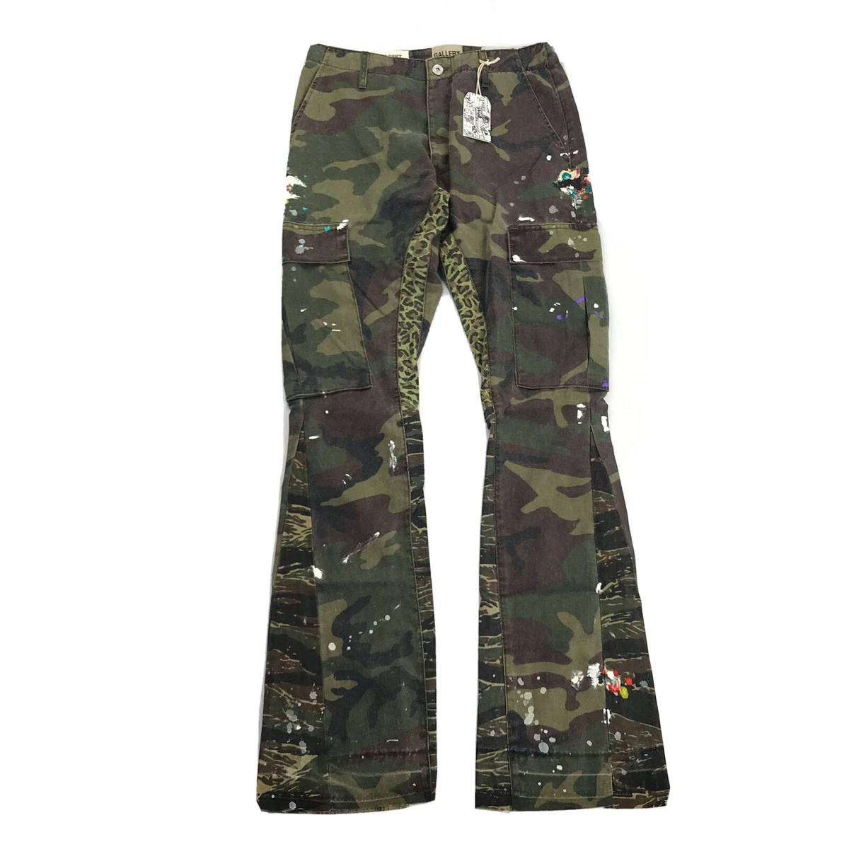 GALLERY DEPT. SLIM FIT FLARED CAMO PAINT PANELLED CARGO TROUSERS SIZE 30
