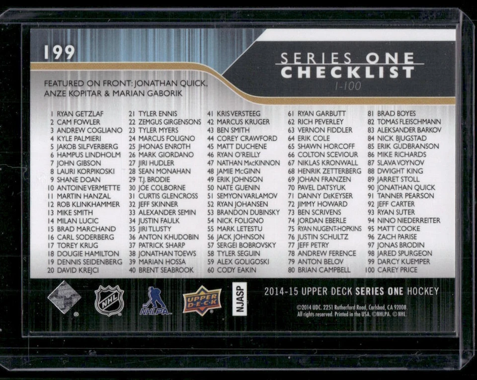 2014-15 Upper Deck - Checklist Anze Kopitar, Marian Gaborik, Jonathan Quick #199 - Image 2 of 2