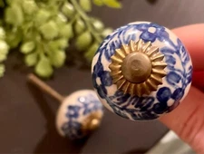One vintage white blue ceramic floral knob handle cabinet drawer dresser pull