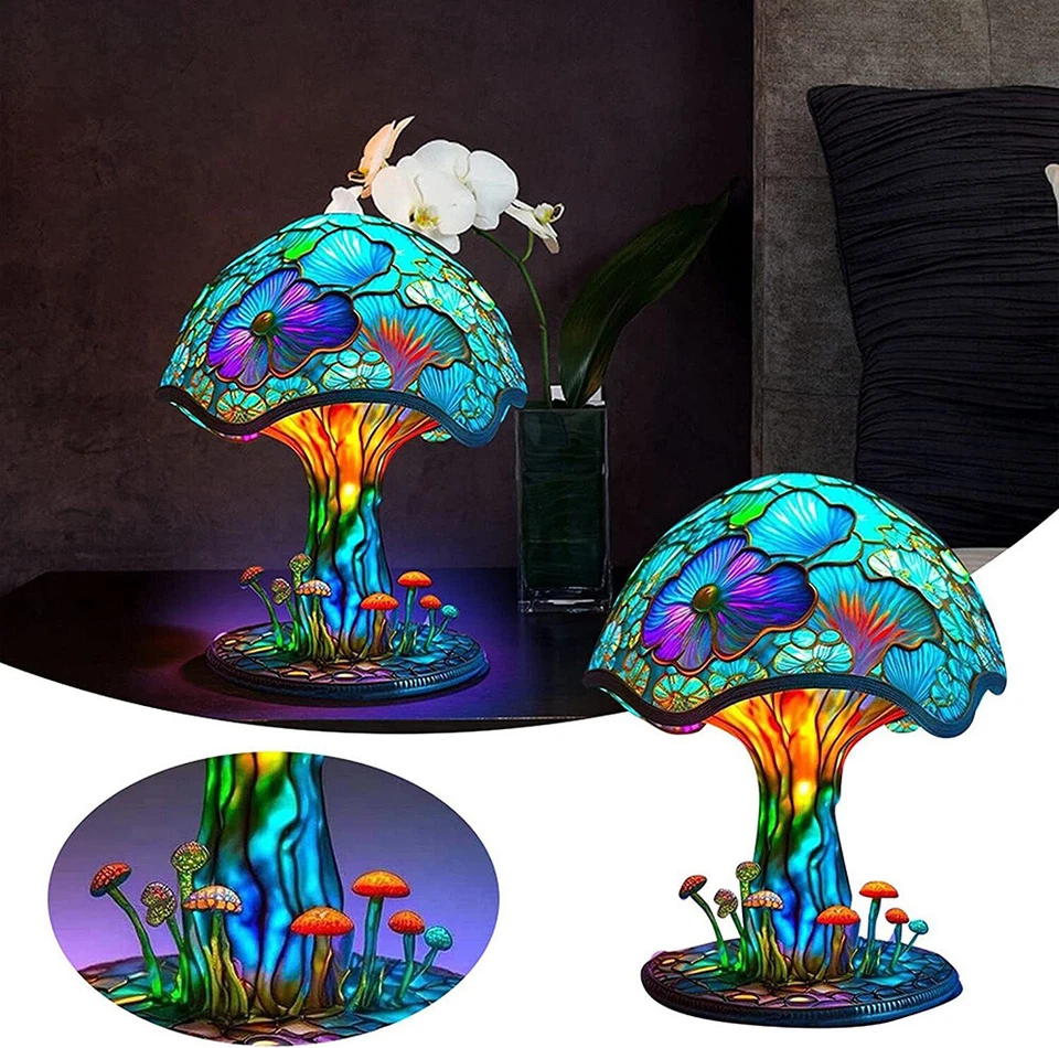 Vintage Stained Glass Plant Series Table Lamps Mushroom Creative Light Resin US - Image 4 of 4