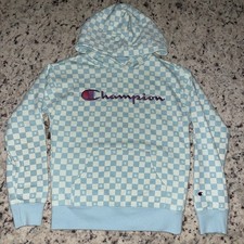 Champion Girl Small 7/8 Checkered Emblem Sweatshirt Hoodie Blue Aqua Embroidered