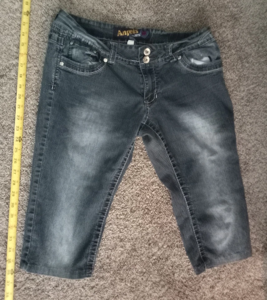 Jeans Angels Talla 13 Juniors Para Mujer Azul Recortado Capri Ramie Mezcla Logo Denim. Foto 2 de 4