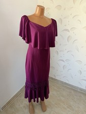 Womens Purple Off Shoulder Midi Dress Ruffle Sleeve Lace Hem Evening Party SizeM