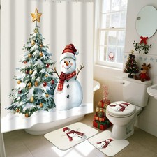 Christmas Shower Curtain Set, 4 Pcs Snowman Bathroom Decor, 71 x 71 Inch Show...