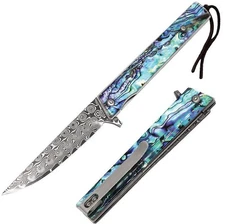 ElitEdge Linerlock Folding Knife 3" Damascus Steel Blade Abalone Handle 10B006AB