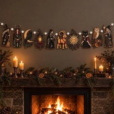 Dark Folk Yule Witch Wooden Garland, Winter Solstice With White Beads