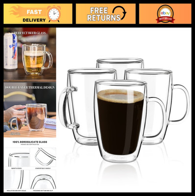 YUNCANG Double Wall Coffee Mugs, (4-Pcak) 16 Ounces-Clear Glass with Handle,lnsu