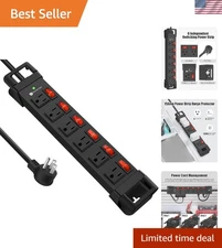 Safe and Durable 6 Outlet Surge Protector with Cord Management & Flat Head Plug