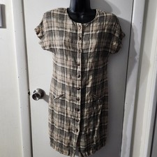 Vintage 90s Carole Little Tan Plaid Print Short Sleeve Midi Dress Women’s Size 4
